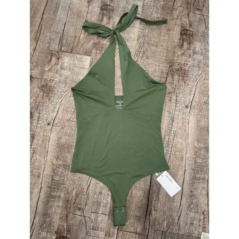 REORIA Womens Halter Neck Deep V Neck Thong Bodysuit Olive Green Size Medium NWT
